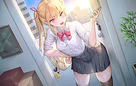 绝美金发 女学生 红眼睛 辫子 动漫 女孩 校服 书包 桌面壁纸 3840×2160