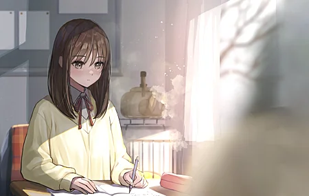 刘海 深色头发 动漫 女孩 写作 棕色眼睛 教室 运动衫 壁纸 5120×3200