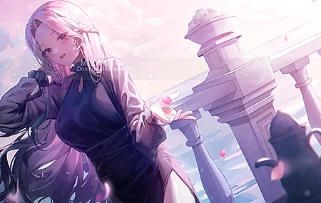 超清动漫 女孩 粉色 长发 海边 微风 花瓣 高清壁纸 3840×2160