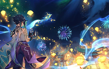 热门电子游戏 AI艺术 原神 面具 长矛 焰火 孔明灯 龙 高清壁纸 3840×2160