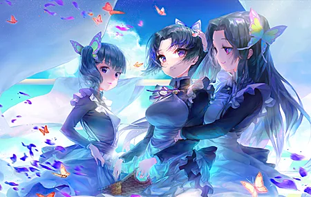 女人 长发 动漫 女孩 天空 蓝色 AI艺术 插图 紫色眼睛 蝴蝶 云 衣服 户外 鬼灭之刃 蝶忍 壁纸 3840×2160