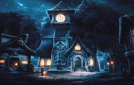 唯美AI艺术 奇幻艺术 电子游戏 艺术 魔兽 魔兽世界 风景 城镇 塔 钟楼 灯 夜 天空 树 自然 星星 彗星 黑暗 木材 黄昏 高清壁纸 4000×2250