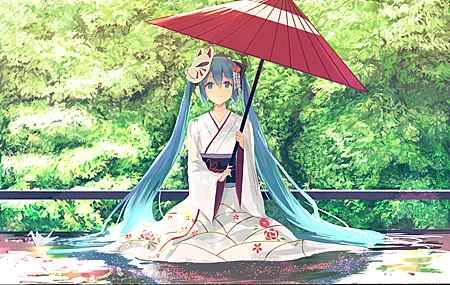 长发 动漫 女孩 元音 双尾 初音 伞 和服 面具 壁纸 4093×2894