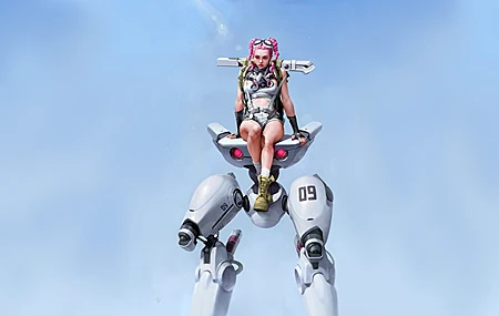 超清粉色头发 辫子 赛博朋克 机器人 蓝色背景 机甲女孩 无水印壁纸 3840×2160