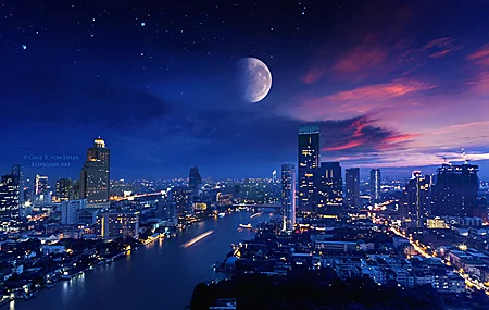 热门风景 城市 景观 月亮 灯光 AI艺术 夜晚 建筑 手机壁纸 3840×2160