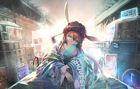 热门长发 深色头发 蓝眼睛 抱膝 动漫 女孩 武士 阿米亚 兔耳朵 城市 霓虹灯 桥 服装 兔子 高清壁纸 6442×3624
