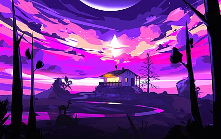 超清插图 AI艺术 抽象 自然 云 汽车旅馆 森林 夜 夜景 河流 高清壁纸 4961×3508