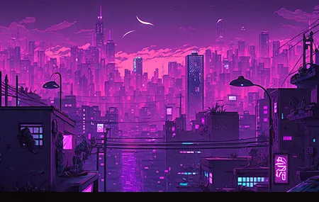 城市 插图 紫色 城市灯光 建筑 4K高清壁纸 4579×2616