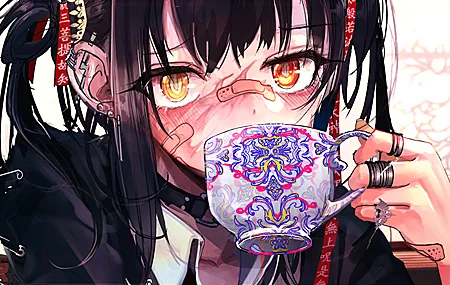 精选动漫 女孩 AI艺术 黄眼睛 茶 绷带 无水印壁纸 3840×2160