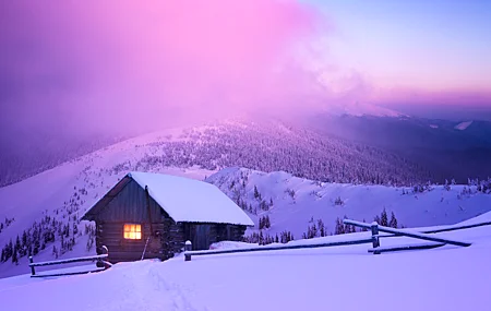 冬天 雪 房子 山 森林 栅栏 灯光 日落 天空 云 自然 风景 小屋 壁纸 4633×3500