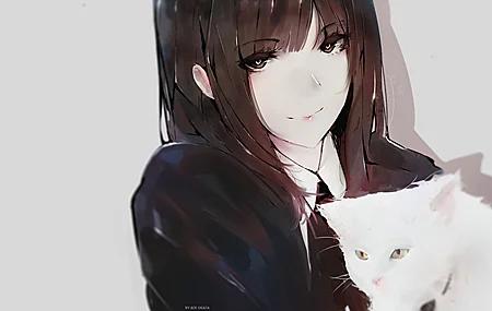 绚丽黑发 脸蛋 动漫 女孩 肖像 猫 动物 无水印壁纸 4363×2416