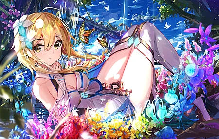 金发 腿 动漫 女孩 原神 五颜六色 花 4K高清壁纸 4093×2894