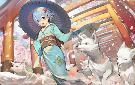 高清蓝头发 短发 蓝眼睛 动漫 女孩 和服 雨伞 狼 花瓣 樱桃树 发夹 从零开始的异世界生活 蕾姆 壁纸 6400×4000