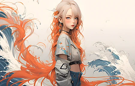 女 长发 头发 痣 泪痣 艺术 水 AI艺术 简单背景 波浪 极简主义 双色头发 粉彩 壁纸 3840×2160