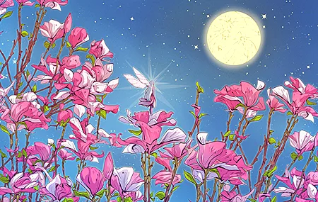 仙女 AI艺术 奇幻艺术 花朵 夜晚 天空 月亮 星星 木兰花 精灵 壁纸 3840×2160