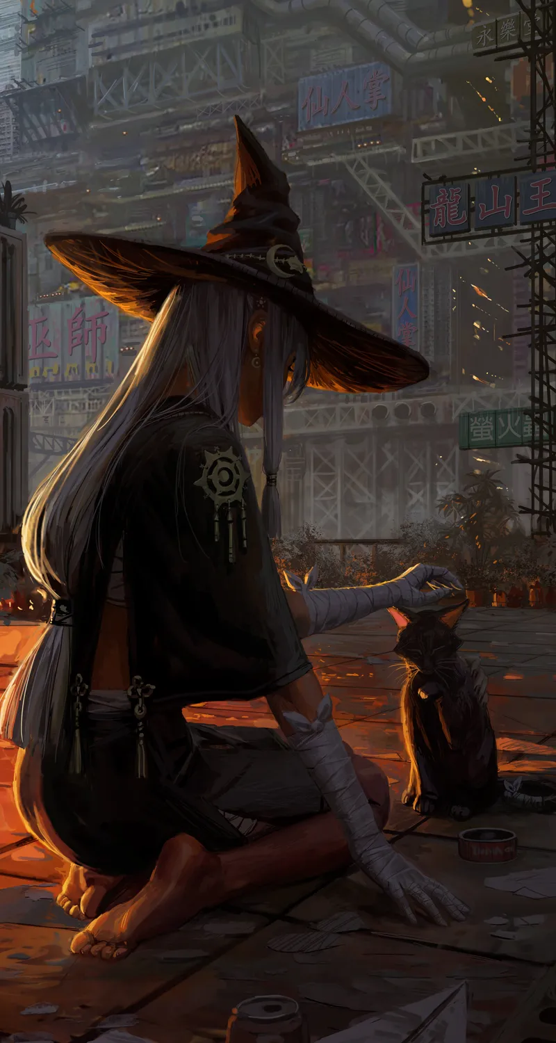 原创 人物 女巫 奇幻 女孩 概念艺术 图片 绘图 女巫帽子 奇幻艺术 猫 手机 壁纸 5498×6873