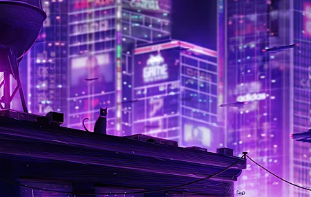 高清猫 灯光 霓虹灯 城市 建筑 未来主义 AI艺术 紫色 背光 景观 动物 4K壁纸 4272×2556