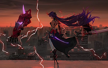 动漫 女孩 角 闪电 奇幻 玄幻 鬼臂 4K高清壁纸 4800×2300