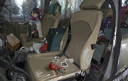 原创 人物 刘海 坐着 画 黑头发 花 围巾 遗弃 树 环境 汽车 动漫 莫伊勒 女孩 AI艺术 壁纸 5333×3000