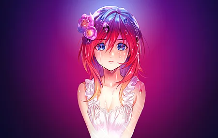 热门长发 红发 蓝眼睛 动漫 女孩 水滴 壁纸 3840×2160
