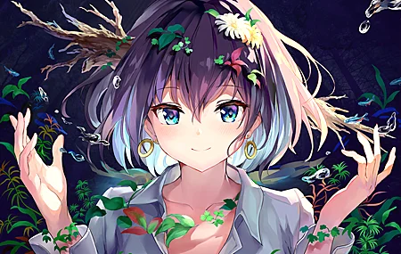 热门原创 人物 黑头发 蓝眼睛 微笑 女孩 动漫 肖像 衬衫 耳环 植物 鲜花 水滴 自然 鱼 素描 AI艺术 插图 高清壁纸 4092×2734