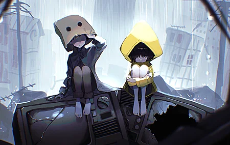 小噩梦 小孩 男孩 女孩 黄色 雨衣 面罩 废墟 下雨 壁纸 4093×2302
