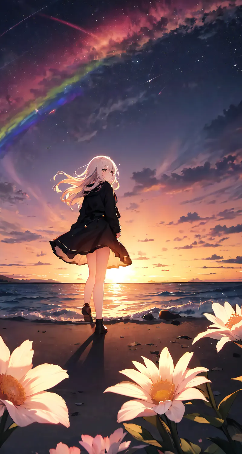 行走 长发 侧写 动漫 女孩 鲜花 夕阳辉光 日落 海滩 彩虹 天空 云 水 波浪 树叶 阳光 手机 壁纸 4096×6144