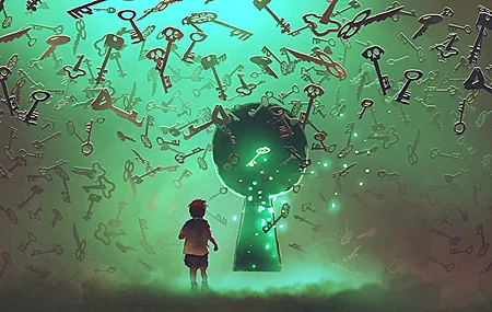 孤独 孩子 素描 数码绘画 幻想艺术 钥匙 钥匙孔 漂浮 发光 魔力 4K高清壁纸 4000×2250