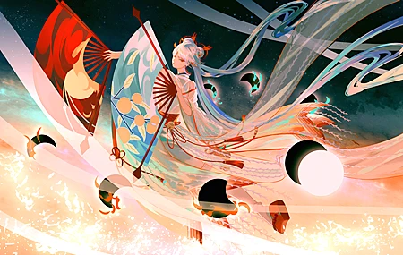 高清红眼 动漫 女孩 月亮 星星 太空 丝带 古装 阴阳师 壁纸 4134×2480