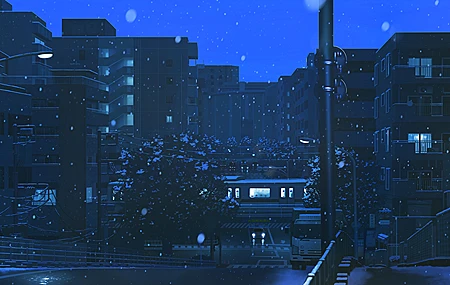 蓝色 夜晚 黄昏 前灯 公寓 路灯 下雪 人行道 电线 树木 城市 火车 桥梁 栏杆 忧郁 桌面壁纸 3840×2160