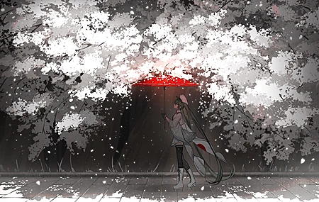 长发 抬头 走路 动漫 女孩 雨伞 手套 帽子 树 花瓣 旗帜 手机壁纸 3862×2480