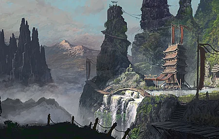 战士 武者 AI艺术 风景 寺庙 山脉 奇幻艺术 环境 雕像 壁纸 5747×2309