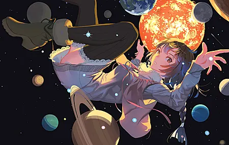 动漫 女孩 大腿高 连衣裙 太阳系 桌面壁纸 3840×2160