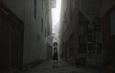 黑发 女学生 短发 动漫 女孩 都市 雨 雨伞 校服 小巷 建筑 孤独 壁纸 6000×3000