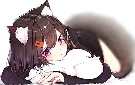 黑发 动漫 女孩 枕头拥抱 紫色眼睛 兽耳 狐狸少女 尾巴 脸红 壁纸 3970×2562