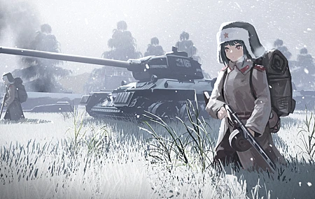 原创 人物 动漫 女孩 雪 坦克 冲锋枪 制服 军队 背包 世界大战 无水印壁纸 7680×3417