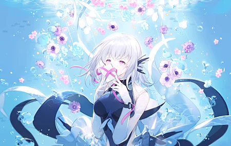 绚丽美雪 原创 人物 女孩 动漫 银发 肖像 鲜花 水下 素描 插图 AI艺术 高清壁纸 6384×3624