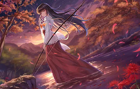 绚丽弓箭手 女人 深色皮肤 犬夜叉 动漫 女孩 树木 星星 鲜花 AI艺术 日落 桔梗 桌面壁纸 4210×2976