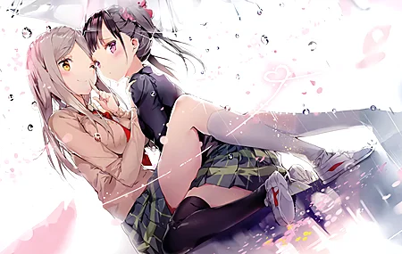 女学生 微笑 动漫 女孩 校服 雨伞 水滴 腮红 长袜 袜子 鞋子 水 心 樱花 小把戏 尤里 4K壁纸 4000×2454