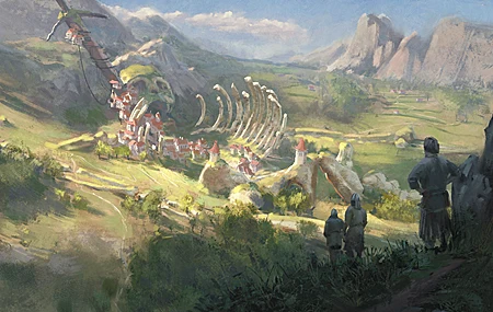 剑 泰坦 骨架 山 草 岩石 村庄 骨头 壁纸 3840×2160