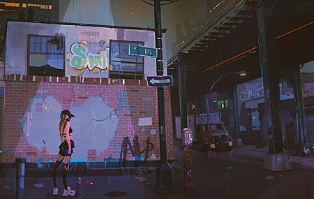 女人 奇幻女孩 AI艺术 插图 城市 夜晚 素描 绘画 涂鸦 桌面壁纸 4872×2742