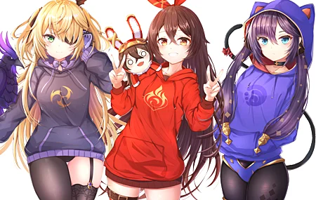 微笑 动漫 女孩 原神 菲舍尔 莫娜 眼罩 兜帽 琥珀 壁纸 5623×3691