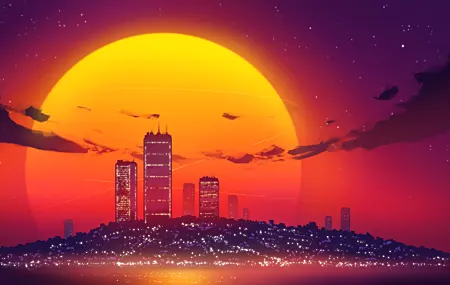 唯美AI艺术 插图 城市 景观 风景 日落 太阳 摩天 大楼 灯光 星星 云 壁纸 7680×4320