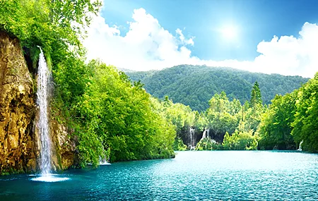 风景 湖泊 瀑布 树木 丘陵 国家公园 壁纸 3840×2160