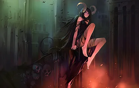 热门奇幻女孩 恶魔女孩 深色头发 赤脚 腿 坐着 动漫 女孩 妖魔 骷髅 角 高清壁纸 4000×2303
