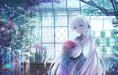长头发 白头发 蓝眼睛 动漫 女孩 植物 壁纸 7680×4320