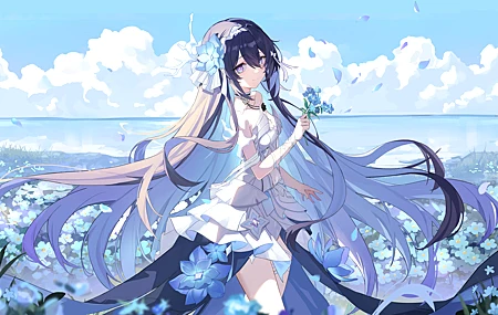 精选长发 站立 动漫 女孩 天空 云 花 衣服 花瓣 水 树叶 项链 壁纸 5176×3000