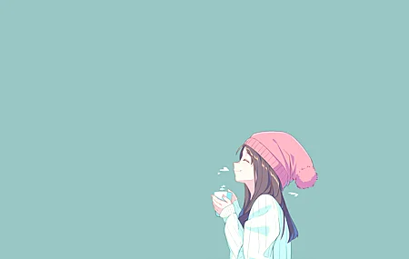 高清黑发 动漫 帽子 女孩 冬天 咖啡 冷 极简主义 杯子 绿松石 壁纸 5120×2880