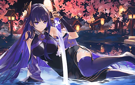 鼹鼠 泪痣 紫色头发 长发 动漫 原神 水 剑 紫色眼睛 女孩 签名 壁纸 6568×3422