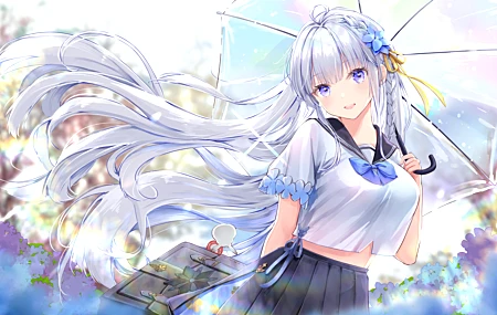女学生 蓝眼睛 长发 赤坂浅草 动漫 女孩 雨伞 校服 银发 艺术品 壁纸 8000×4500
